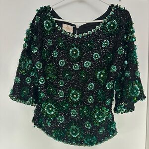 Stunning Vintage Wool Black Top with Detailed Green Sequin Floral Design